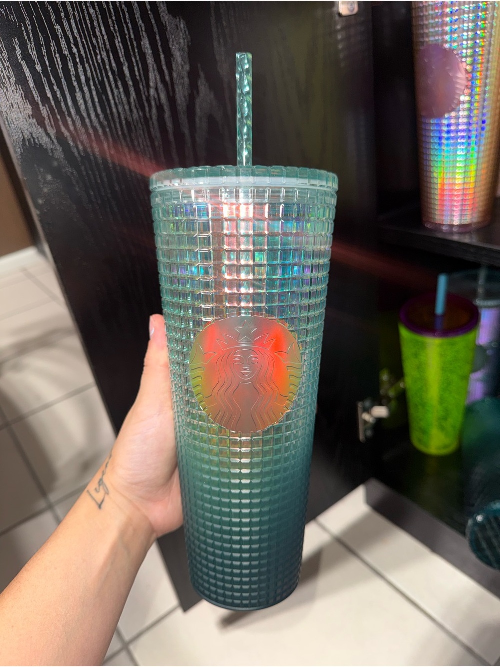 Starbucks Teal Ombre Studded Cold Cup with Iridescent Logo